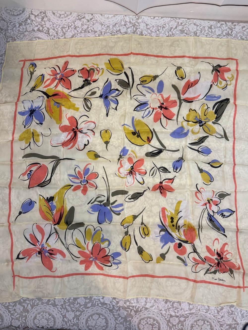 Pierre Cardin Floral Silk Scarf in Cream, Coral, Blue, Yellow